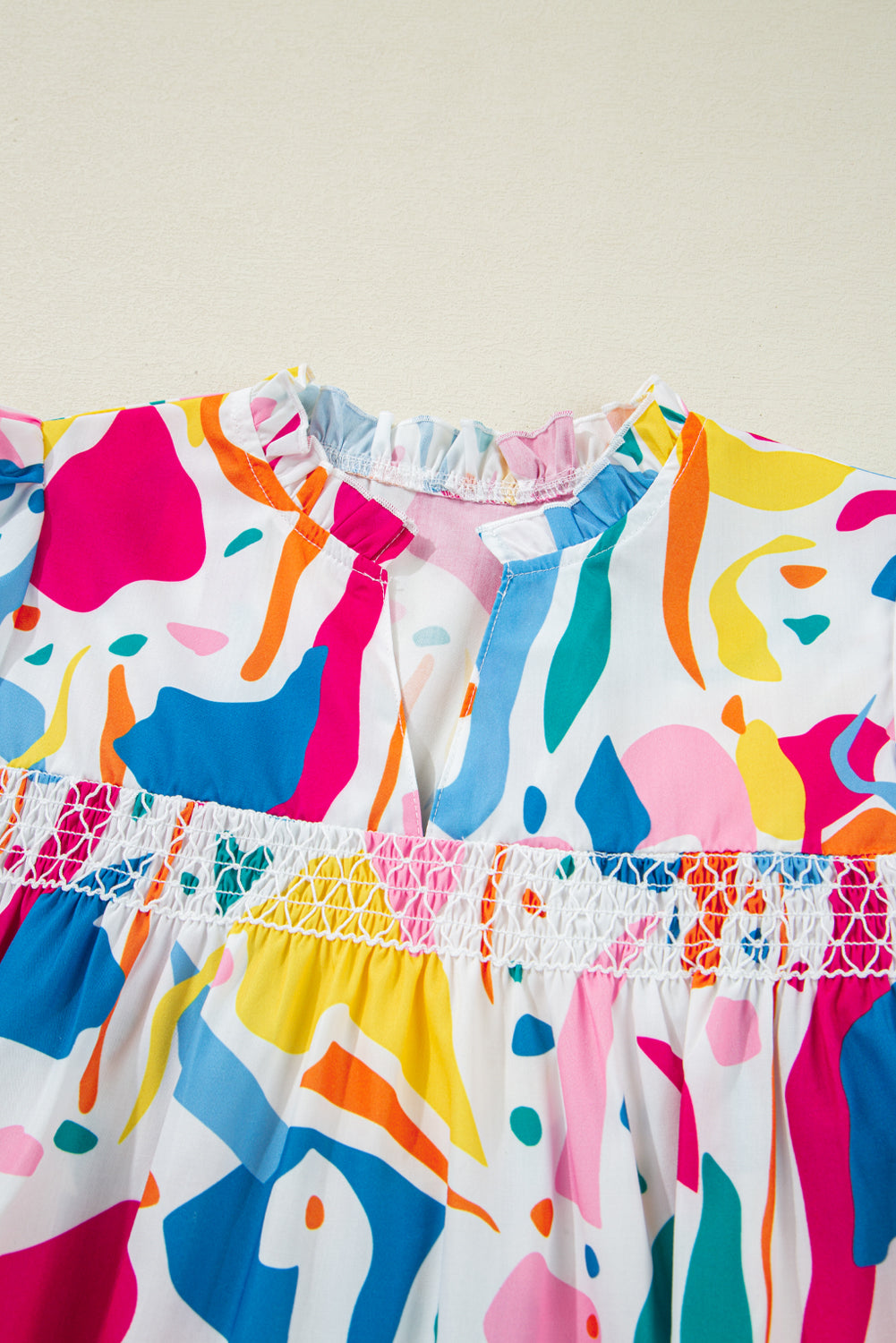 Multicolour Abstract Print Shirred Short Sleeve Split Neck Blouse
