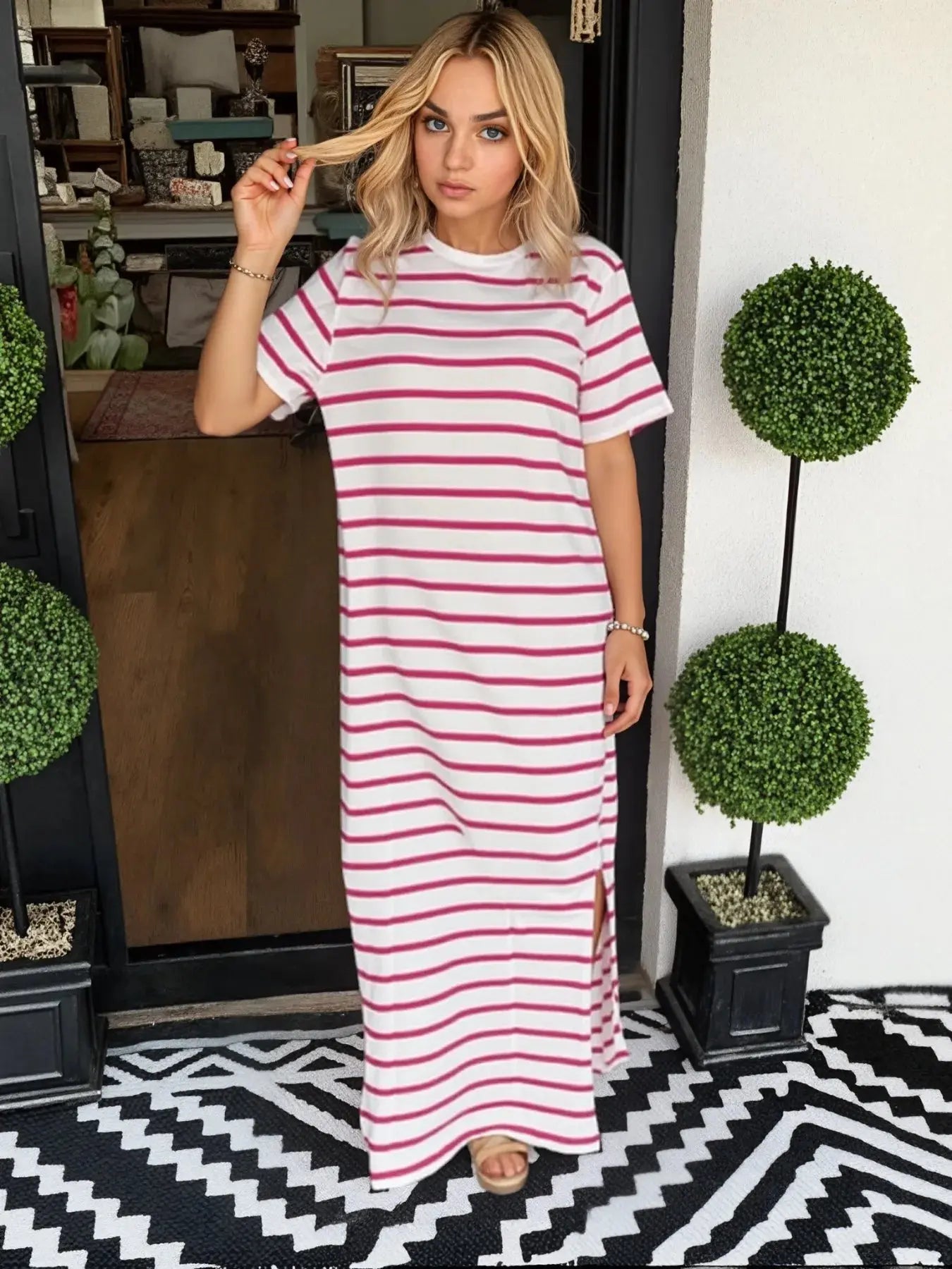 Full Size T-Shirt Striped Maxi Dress with Side Slit