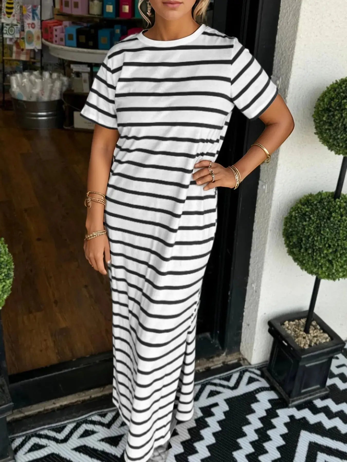Full Size T-Shirt Striped Maxi Dress with Side Slit