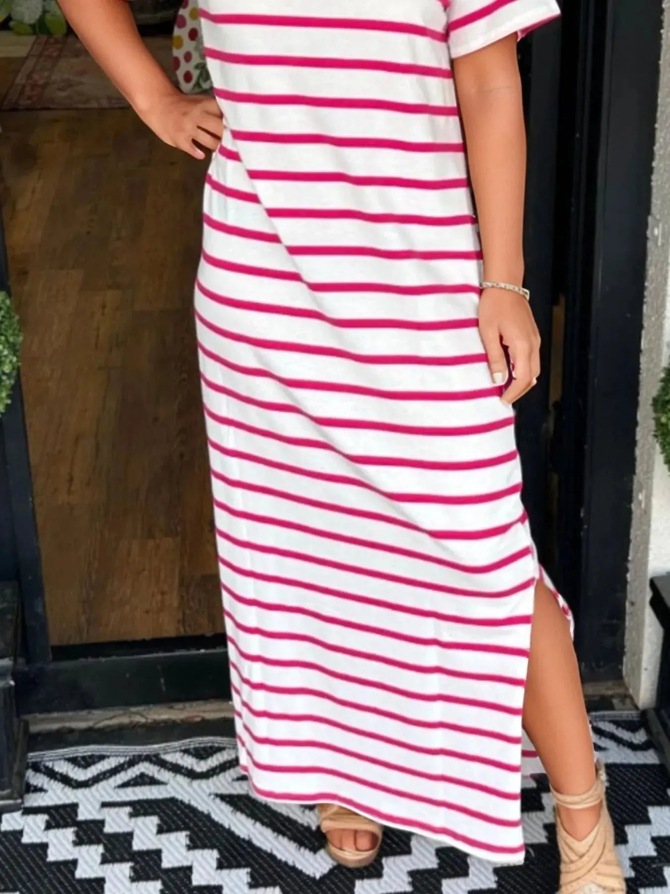 Full Size T-Shirt Striped Maxi Dress with Side Slit