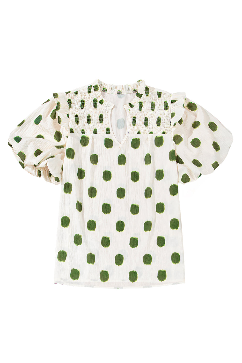 Black Polka Dot Print Smocked Notched Neck Balloon Sleeve Blouse