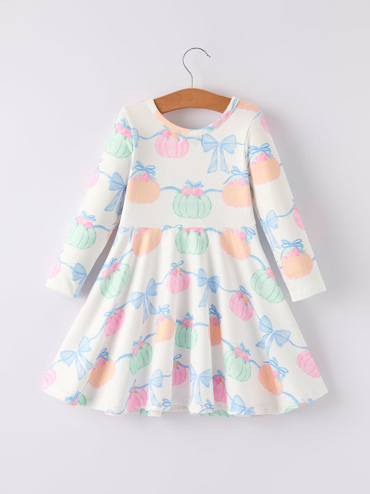 Fall Halloween & Thanksgiving Pumpkin Bow Print Long Sleeve Dress