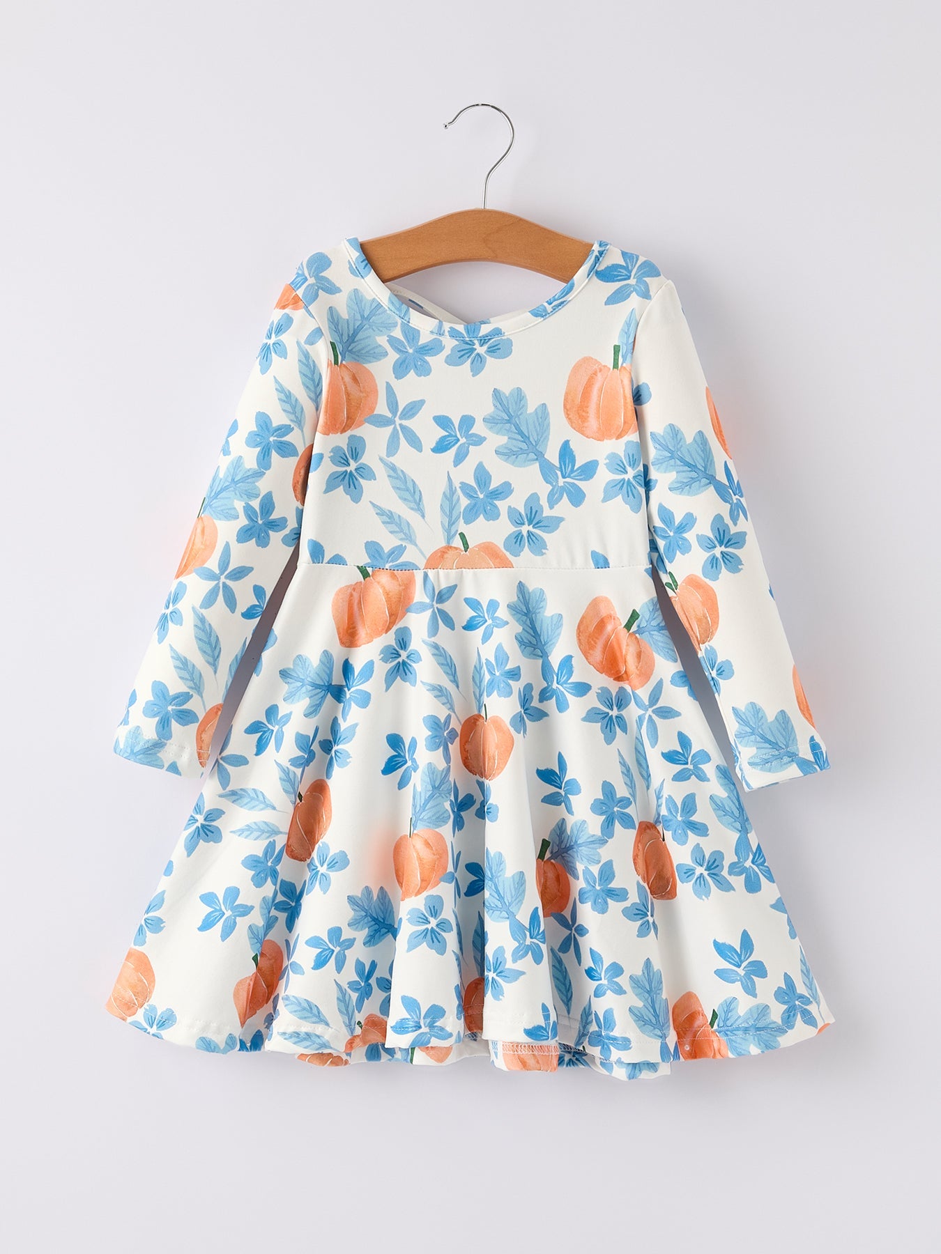 Fall Halloween & Thanksgiving Pumpkin Floral Print Long Sleeve Dress