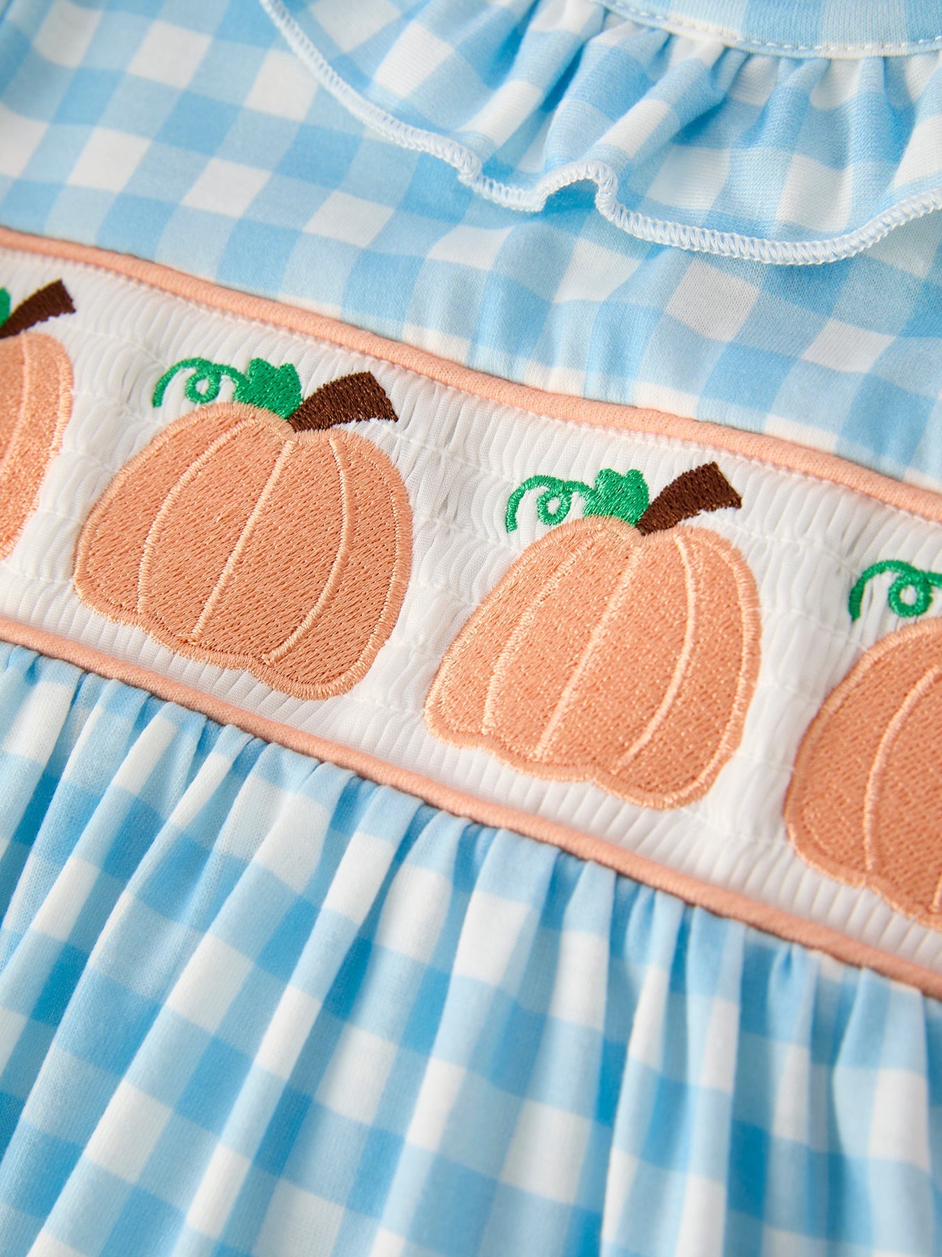 Fall Halloween & Thanksgiving Pumpkin Embroidery Smocking Blue Plaid Dress