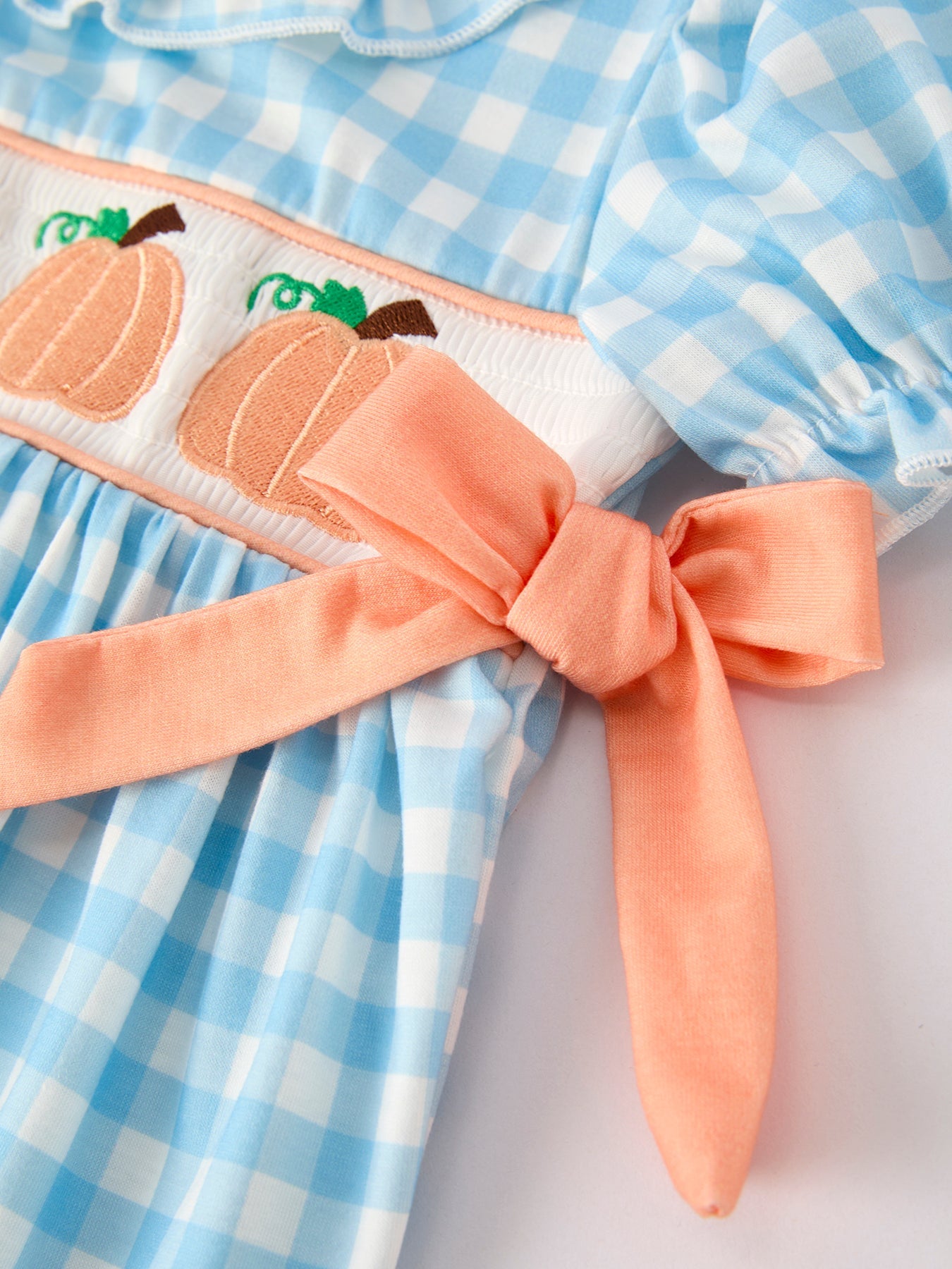 Fall Halloween & Thanksgiving Pumpkin Embroidery Smocking Blue Plaid Dress