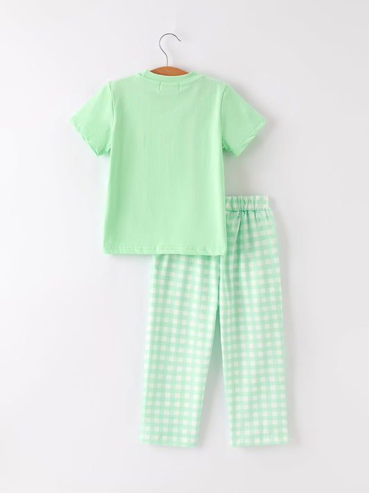 Fall Thanksgiving Green Chicken Smock Embroidered Plaid Boys Set