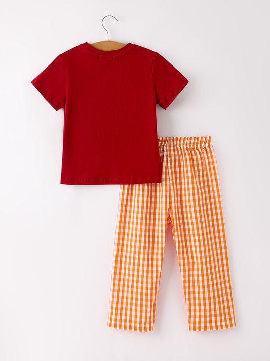 Fall Embroidered Boy Set – Orange Checkered with Halloween Details