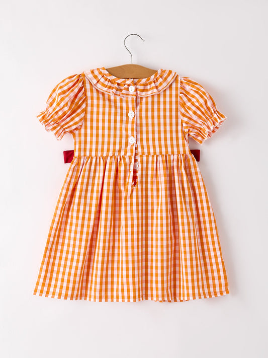 Fall Embroidered Dress for Girls – Orange Checkered with Halloween Details