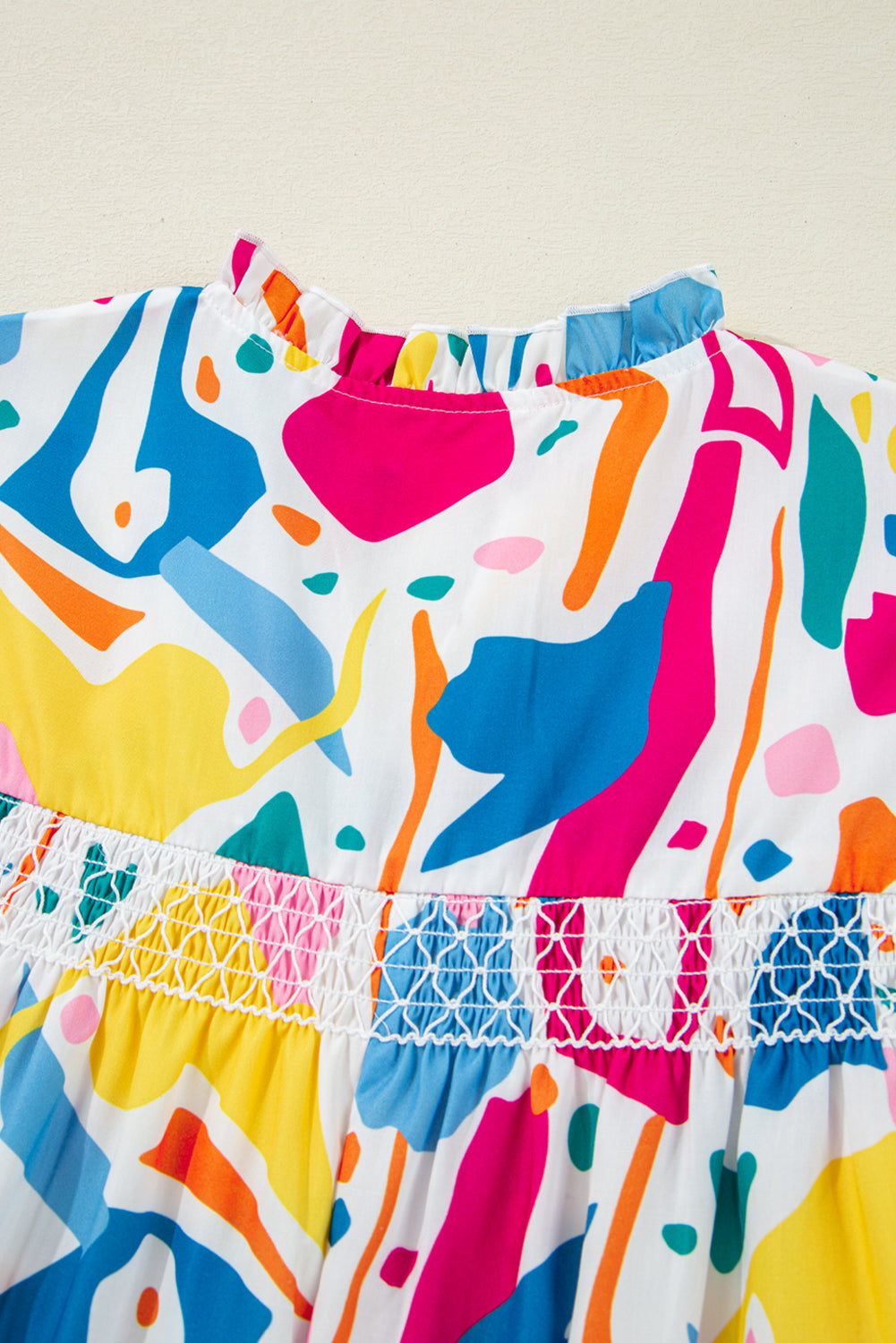 Multicolour Abstract Print Shirred Short Sleeve Split Neck Blouse