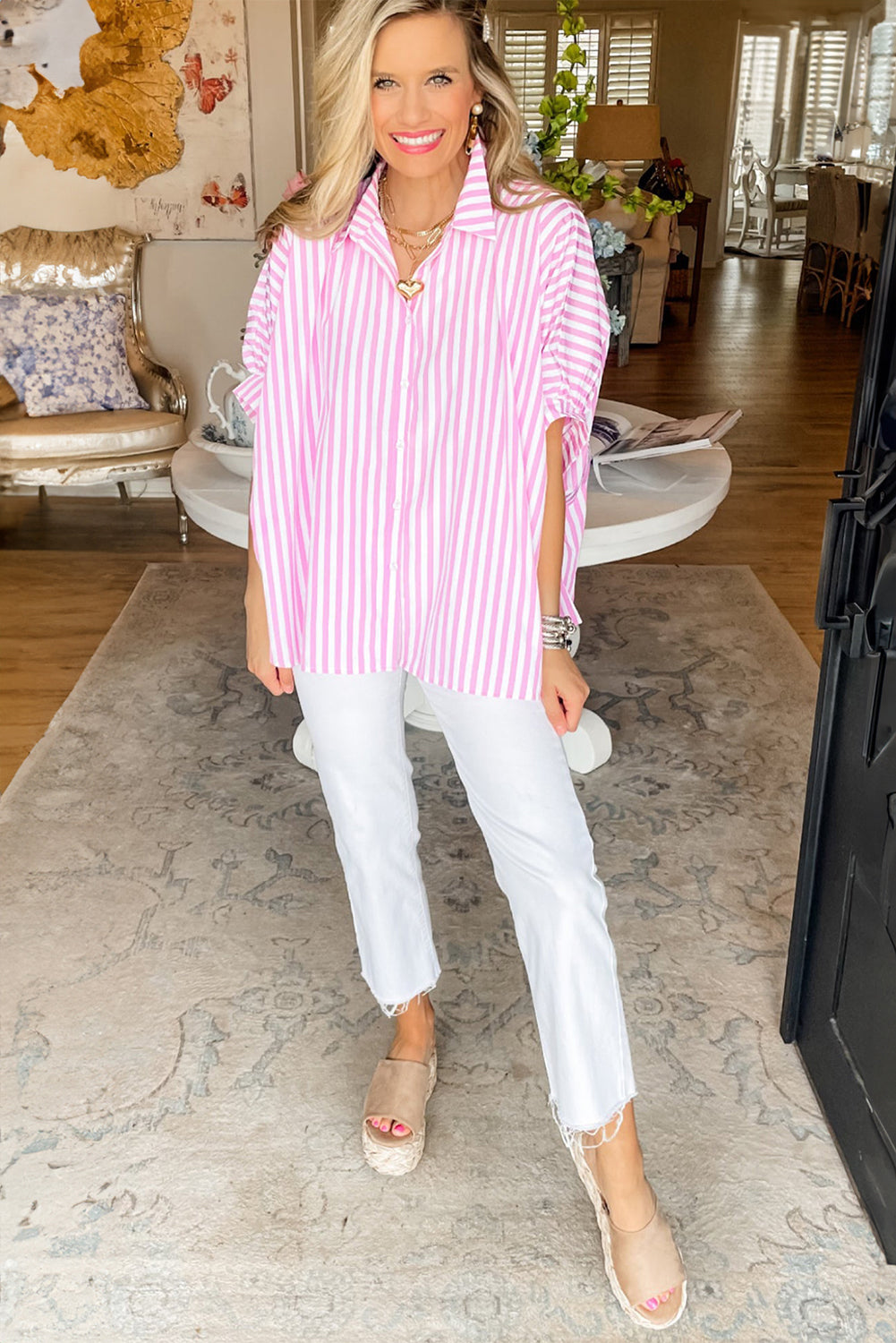 Sky Blue Stripe Dolman Sleeve Oversized Blouse