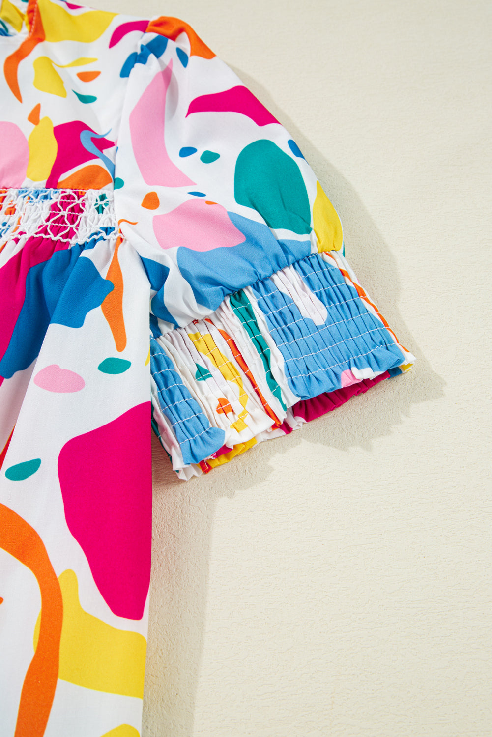 Multicolour Abstract Print Shirred Short Sleeve Split Neck Blouse