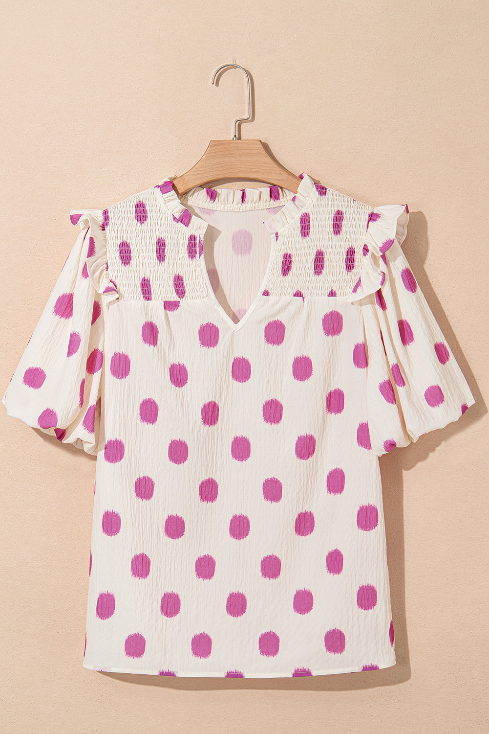 Black Polka Dot Print Smocked Notched Neck Balloon Sleeve Blouse