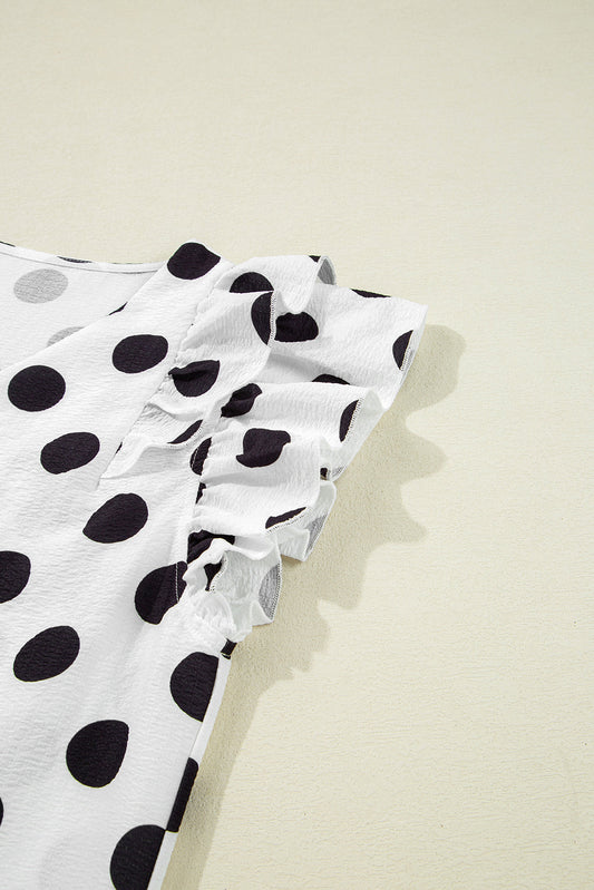 White Polka Dot Print V Neck Ruffle Blouse