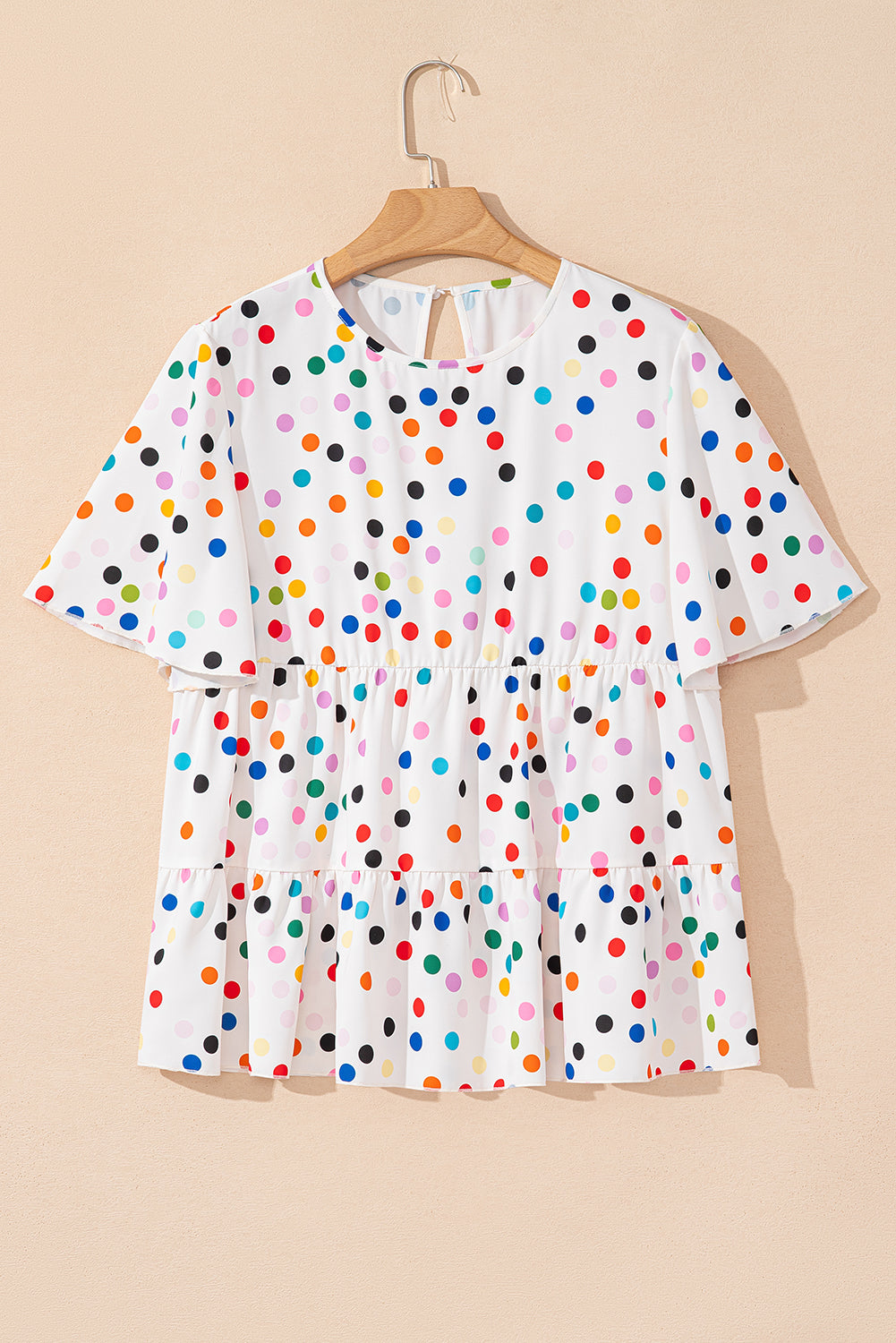 White Colorful Polka Dot Short Sleeve Tiered Ruffle Babydoll Blouse