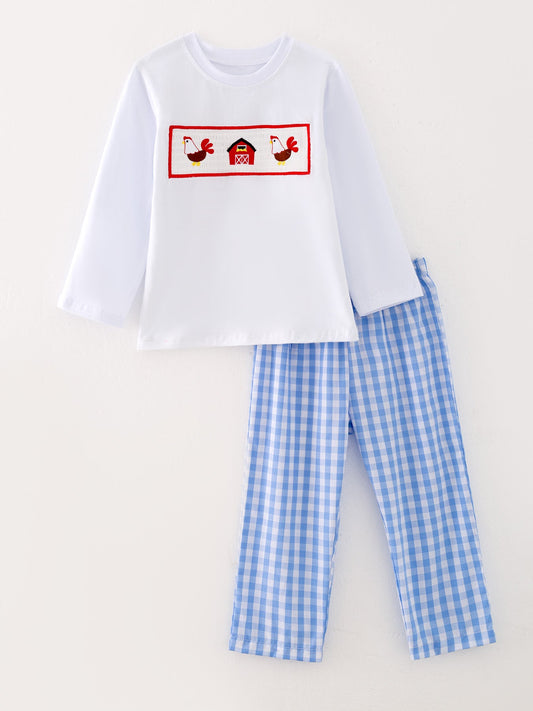 Chicken Blue Smocking Embroidered Boys Outfits