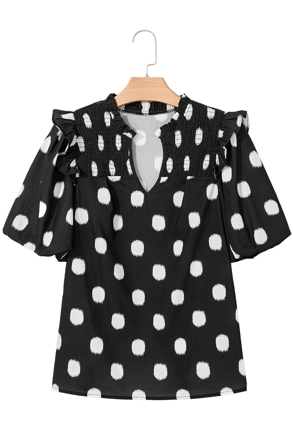 Black Polka Dot Print Smocked Notched Neck Balloon Sleeve Blouse