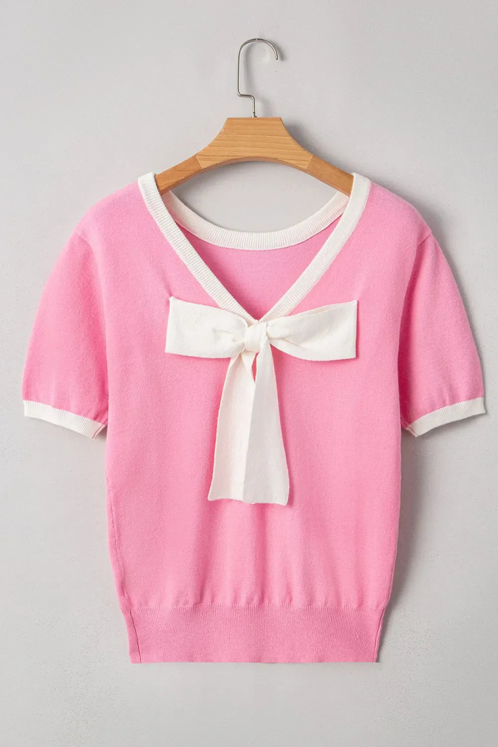 Bow Back Round Neck Short Sleeve Knit Top