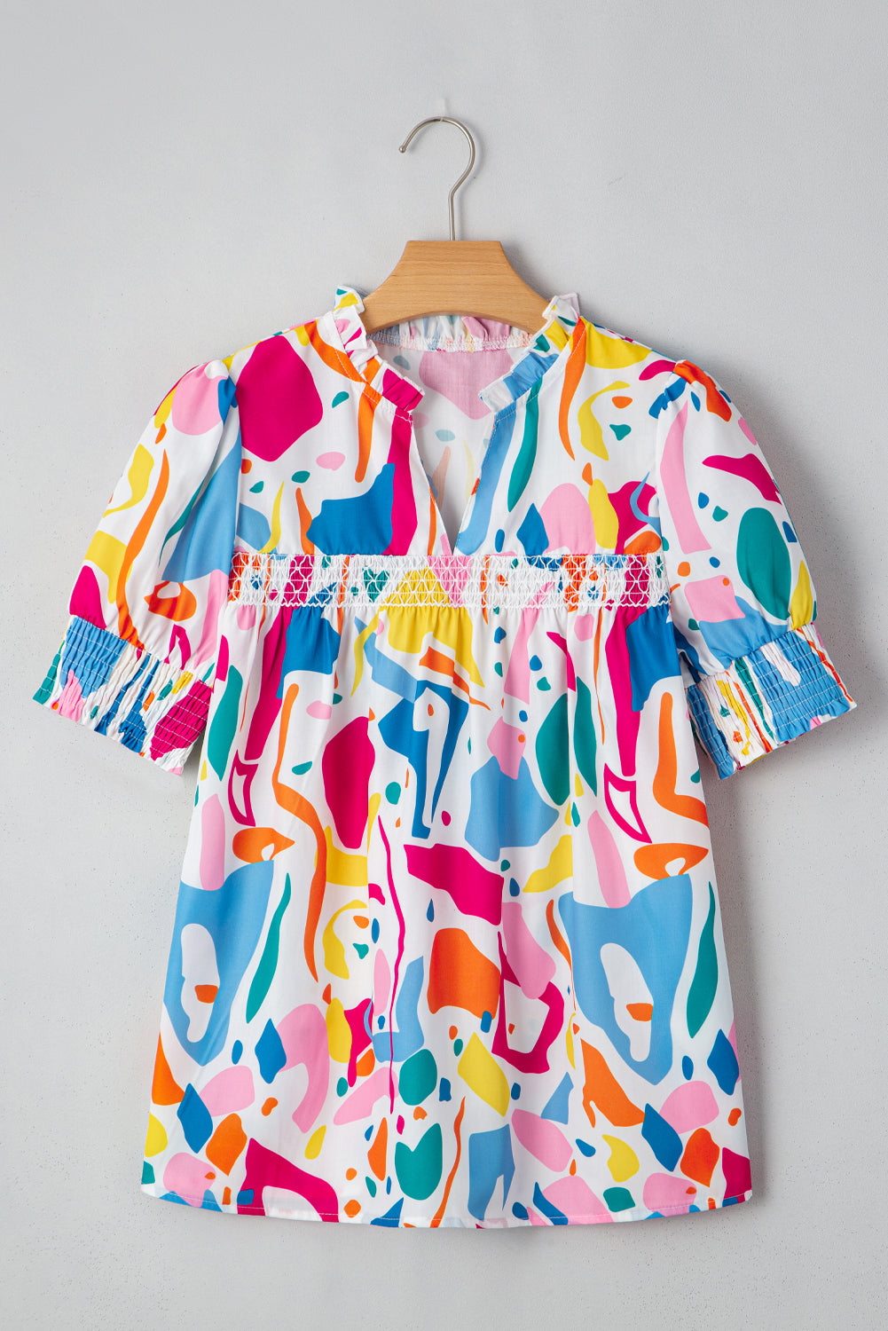 Multicolour Abstract Print Shirred Short Sleeve Split Neck Blouse