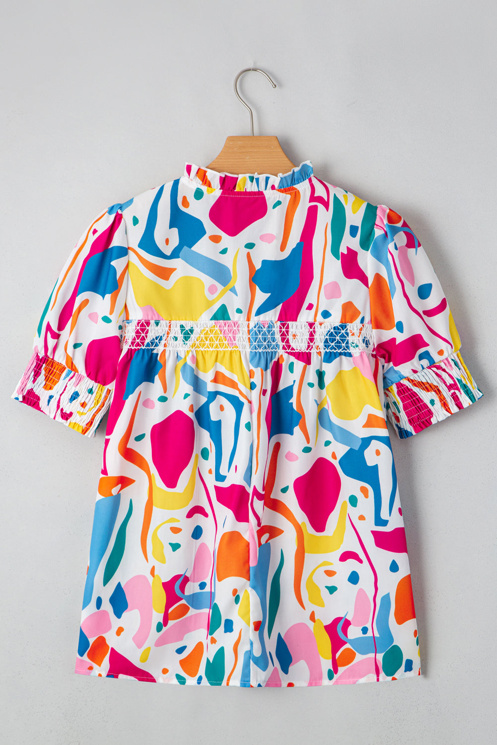 Multicolour Abstract Print Shirred Short Sleeve Split Neck Blouse
