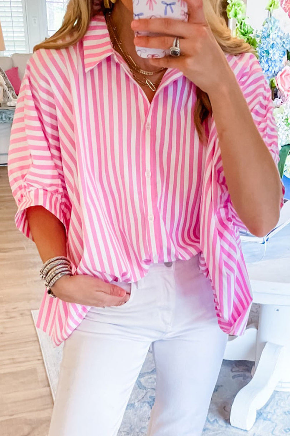 Sky Blue Stripe Dolman Sleeve Oversized Blouse