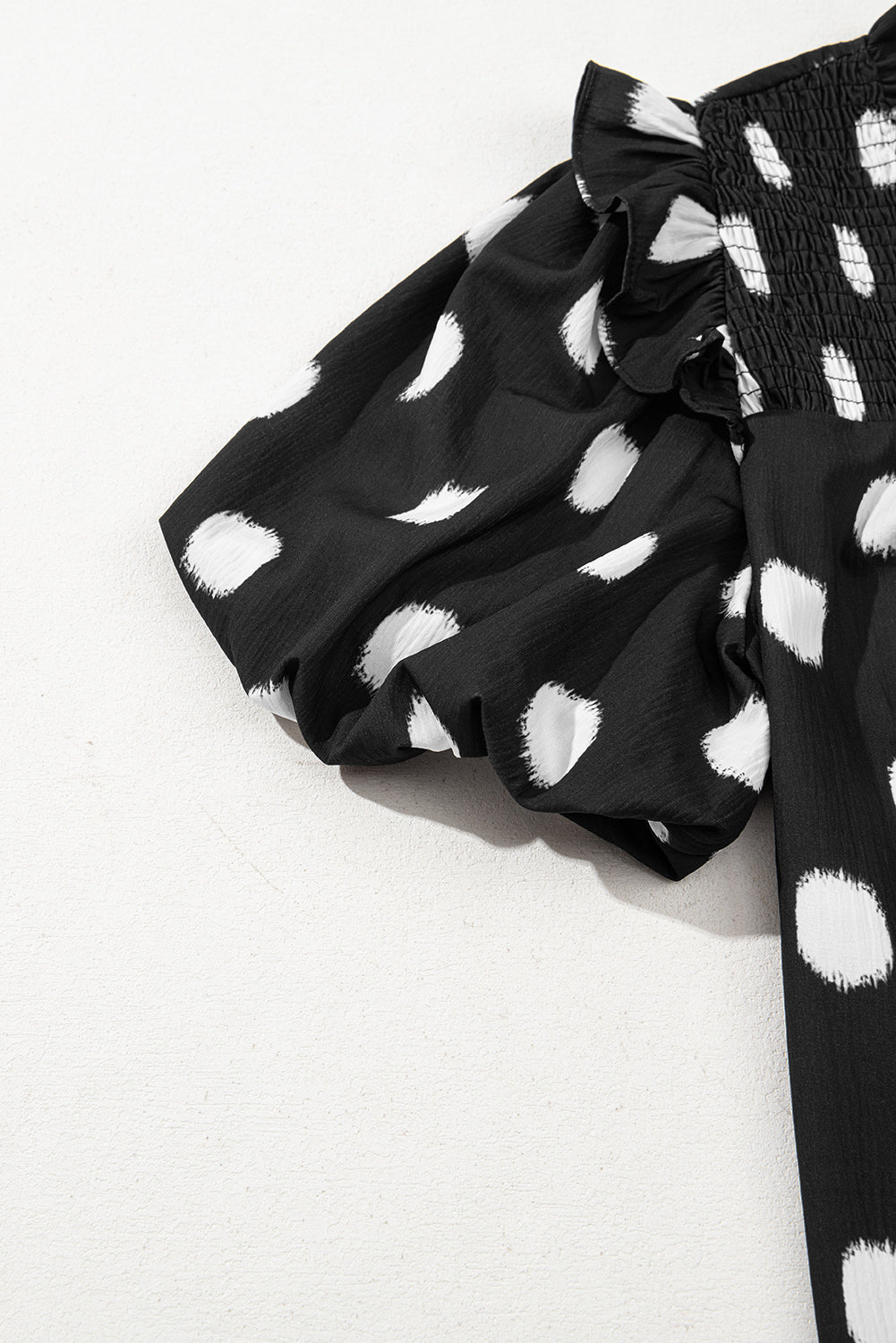 Black Polka Dot Print Smocked Notched Neck Balloon Sleeve Blouse
