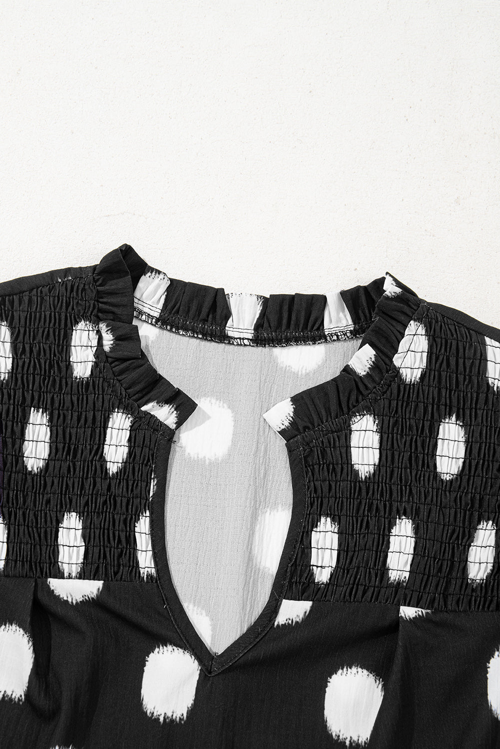 Black Polka Dot Print Smocked Notched Neck Balloon Sleeve Blouse