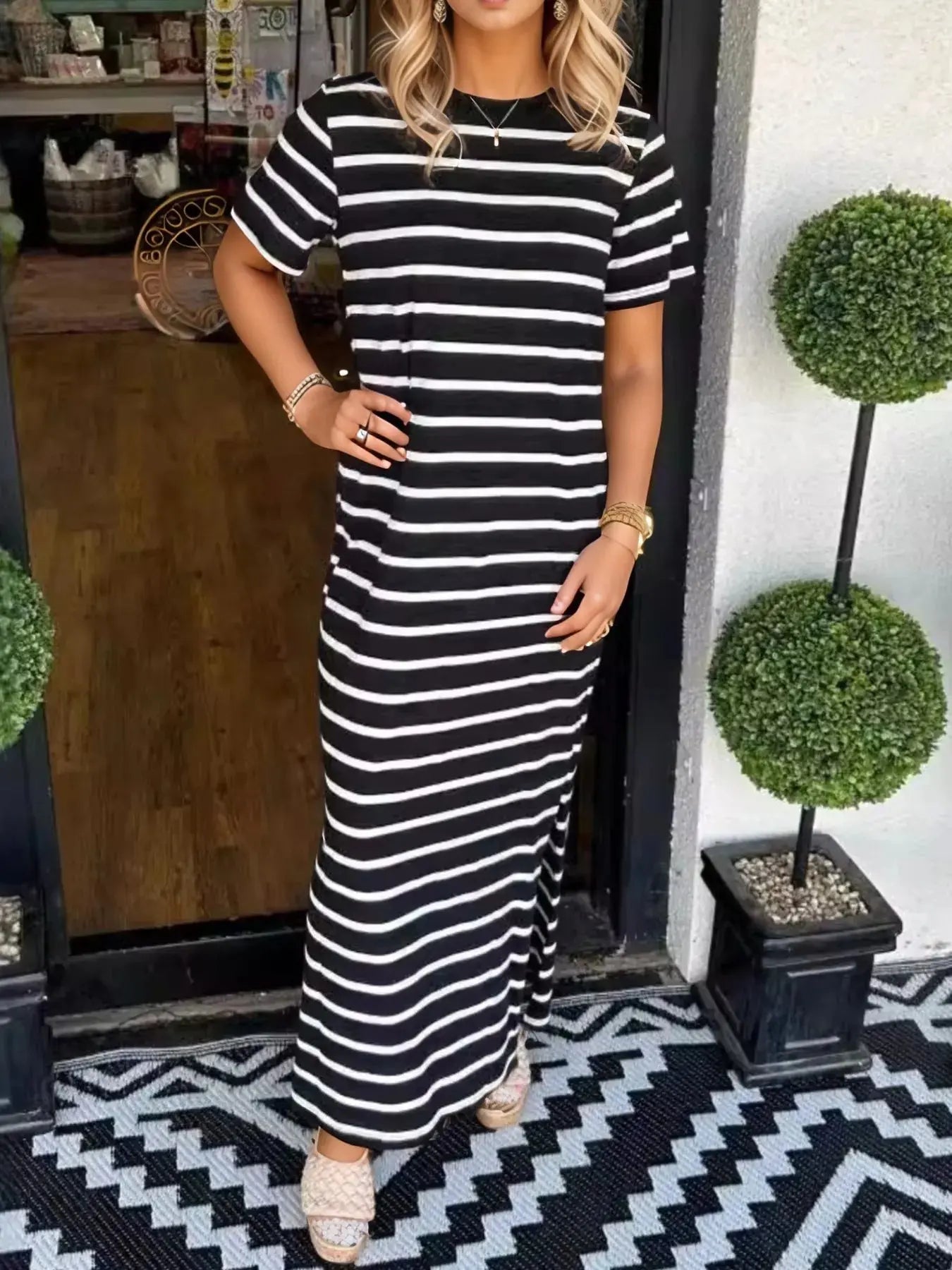 Full Size T-Shirt Striped Maxi Dress with Side Slit