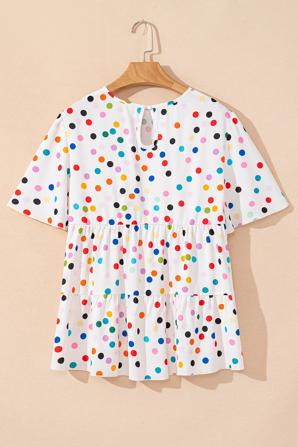 White Colorful Polka Dot Short Sleeve Tiered Ruffle Babydoll Blouse