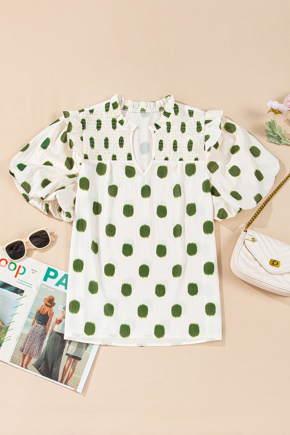 Black Polka Dot Print Smocked Notched Neck Balloon Sleeve Blouse