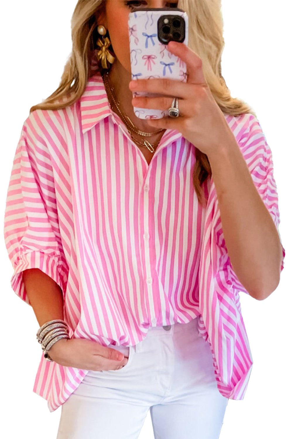 Sky Blue Stripe Dolman Sleeve Oversized Blouse