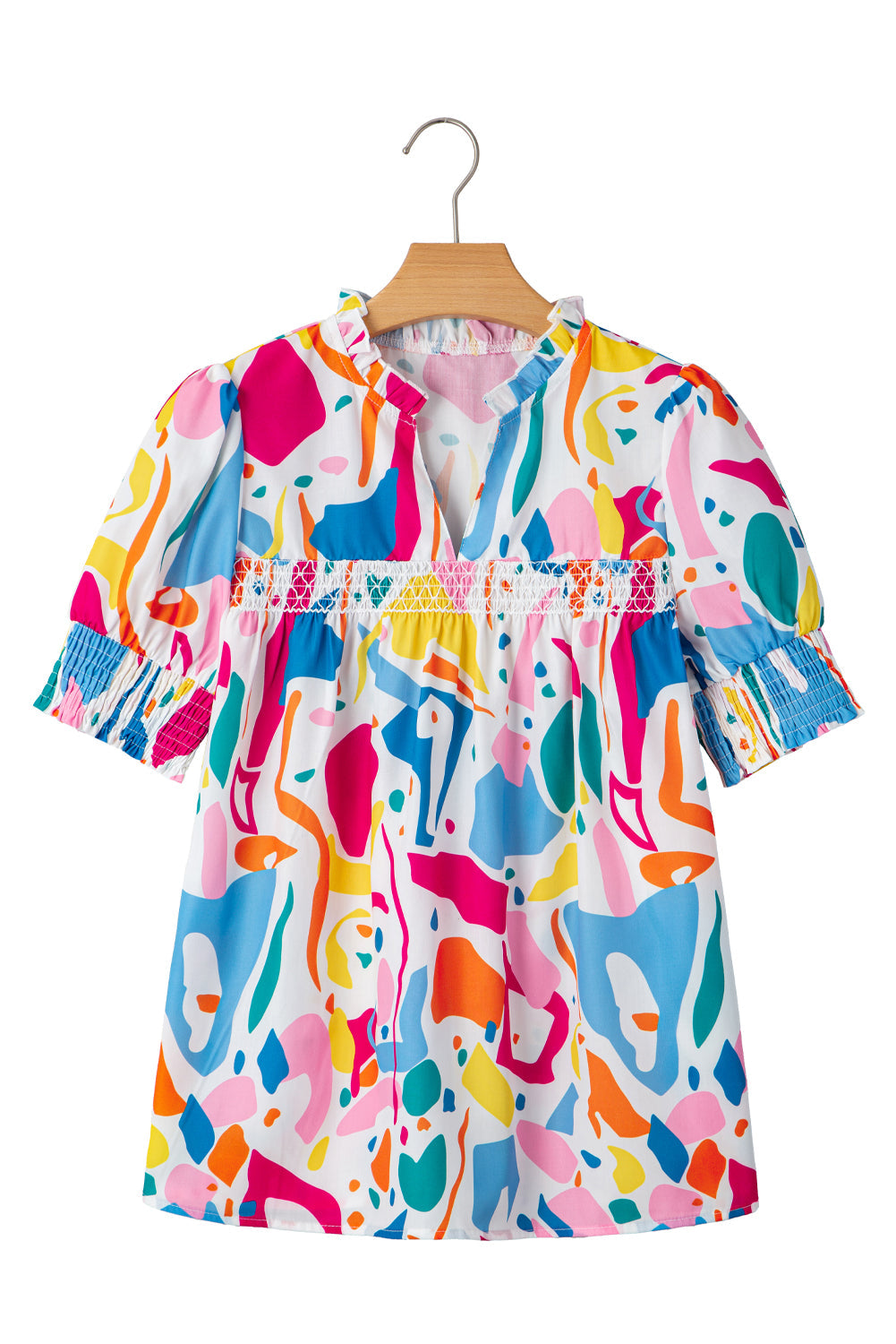 Multicolour Abstract Print Shirred Short Sleeve Split Neck Blouse