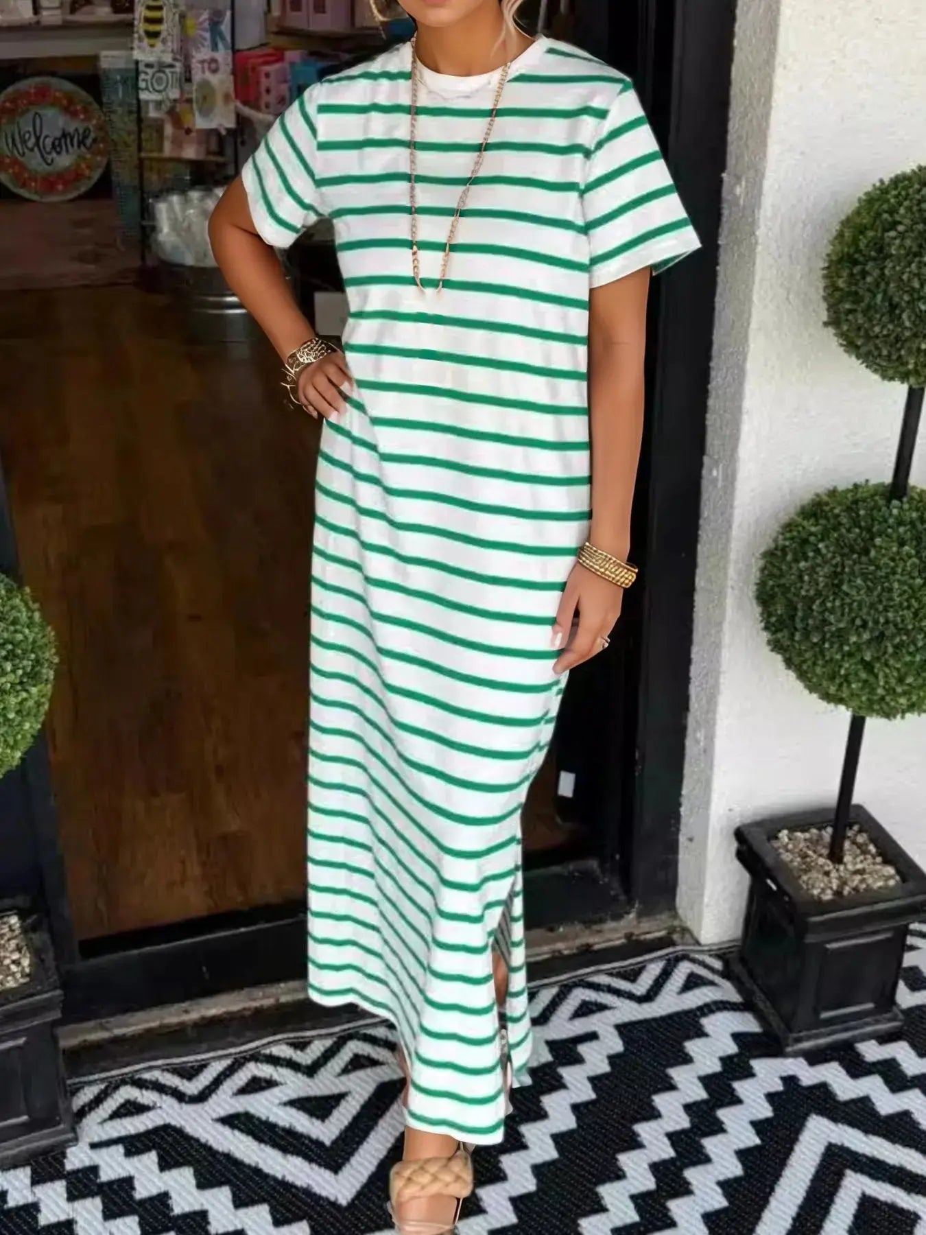 Full Size T-Shirt Striped Maxi Dress with Side Slit