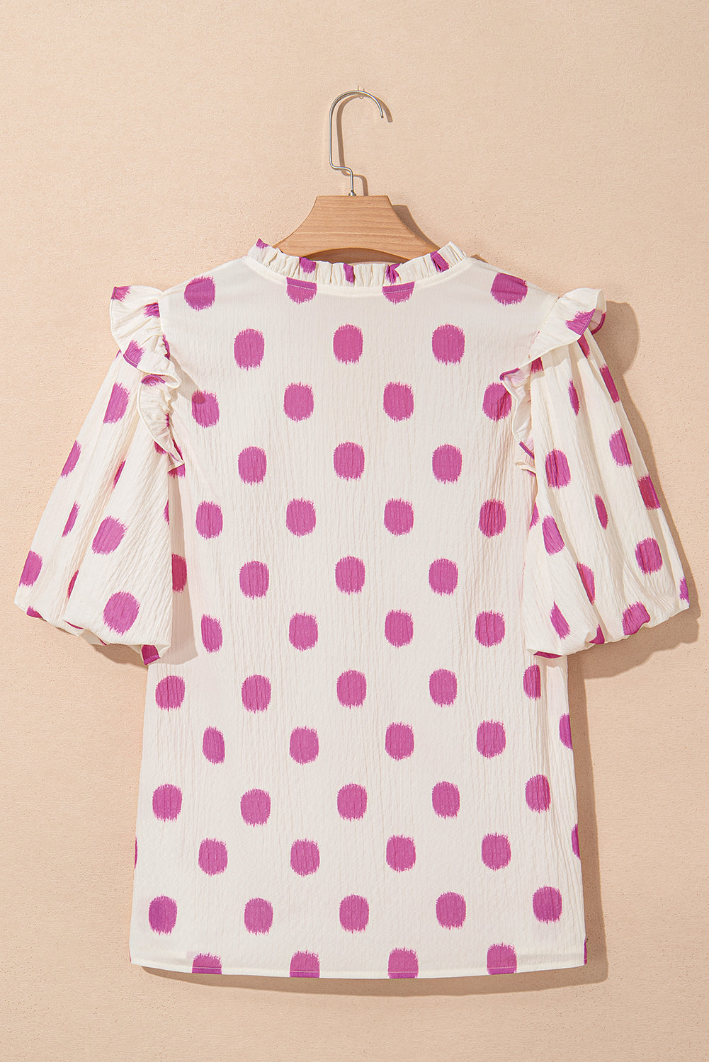 Black Polka Dot Print Smocked Notched Neck Balloon Sleeve Blouse