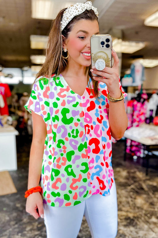 Green Leopard Print Patchwork V Neck Short Sleeve Blouse