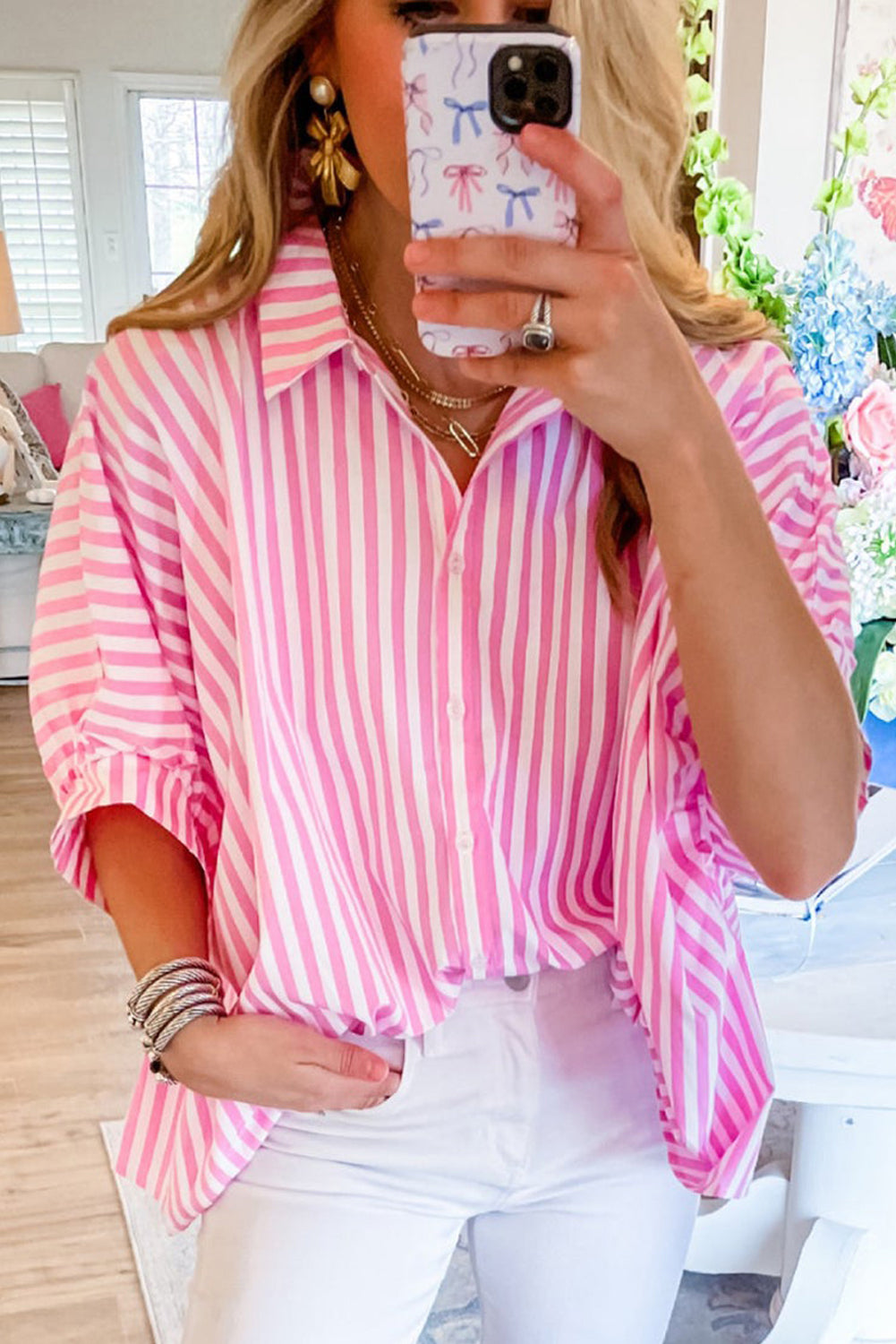 Sky Blue Stripe Dolman Sleeve Oversized Blouse