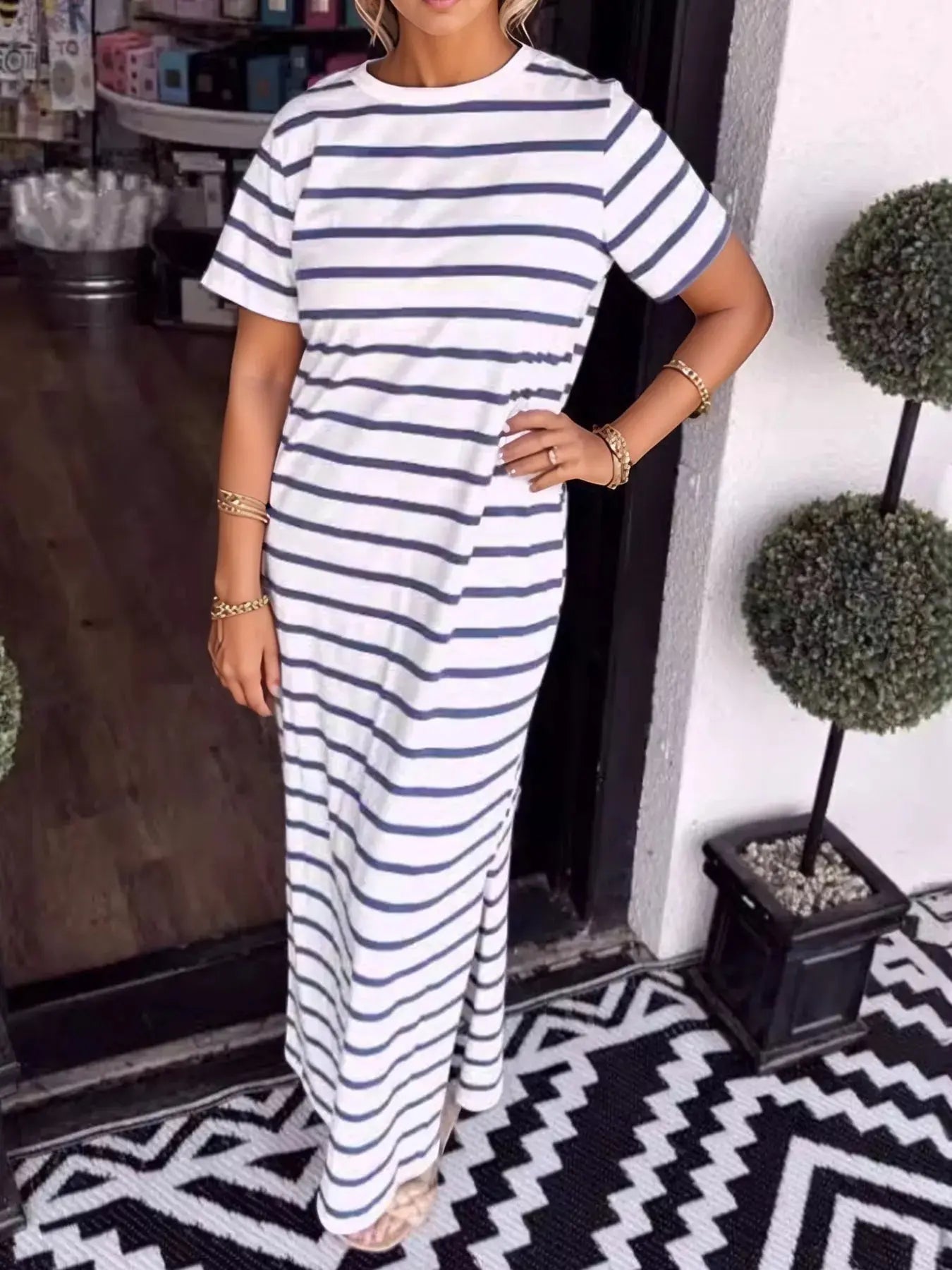 Full Size T-Shirt Striped Maxi Dress with Side Slit