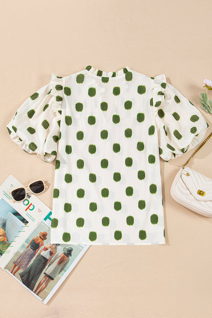Black Polka Dot Print Smocked Notched Neck Balloon Sleeve Blouse