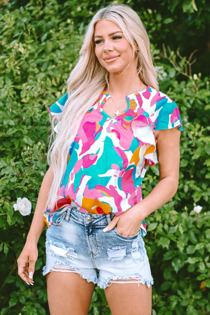 Multicolour Abstract Print Smocked Notched Neck Ruffle Blouse