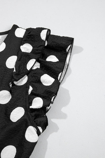 White Polka Dot Print V Neck Ruffle Blouse