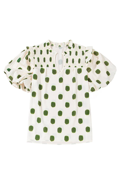 Black Polka Dot Print Smocked Notched Neck Balloon Sleeve Blouse