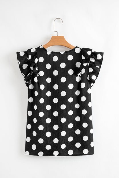White Polka Dot Print V Neck Ruffle Blouse