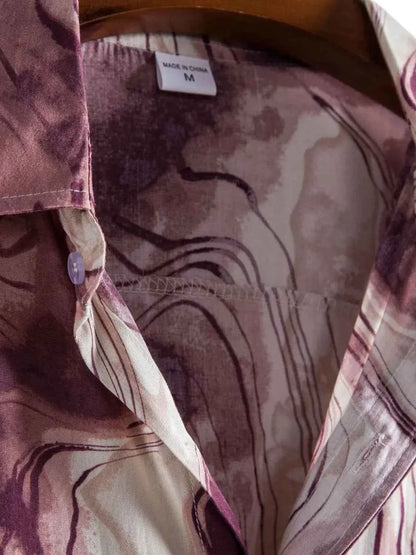 Abstract Marble Print Short Sleeve Button-Up Shirt