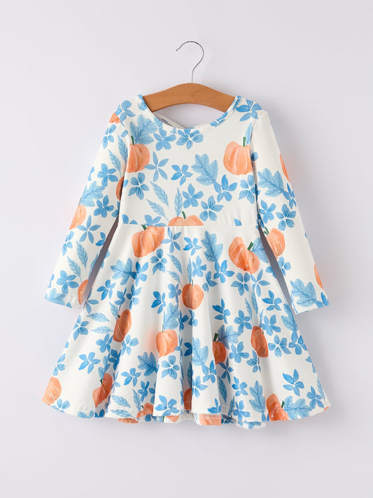 Fall Halloween & Thanksgiving Pumpkin Floral Print Long Sleeve Dress