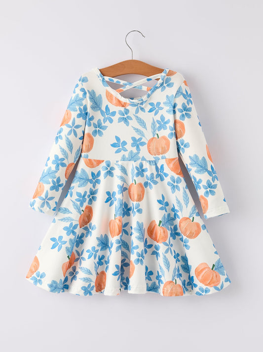 Fall Halloween & Thanksgiving Pumpkin Floral Print Long Sleeve Dress