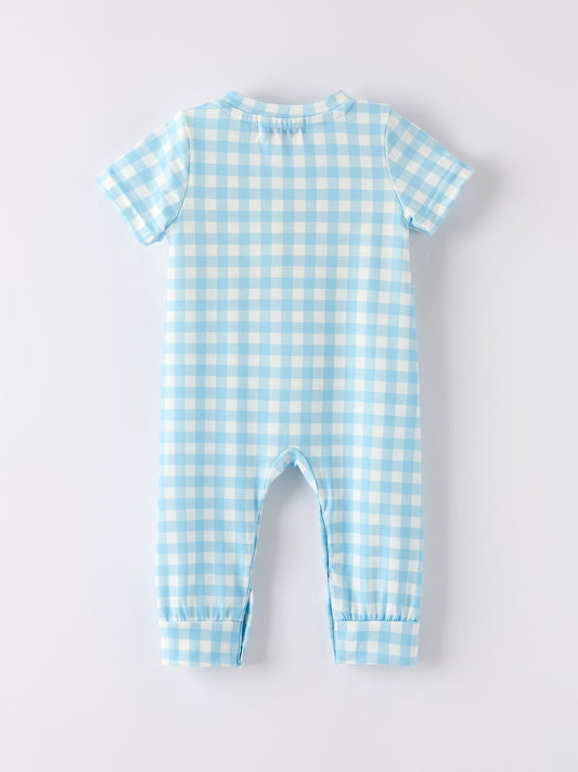 Fall Halloween & Thanksgiving Boys Pumpkin Embroidery Smocking Blue Plaid Romper