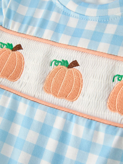 Fall Halloween & Thanksgiving Boys Pumpkin Embroidery Smocking Blue Plaid Romper