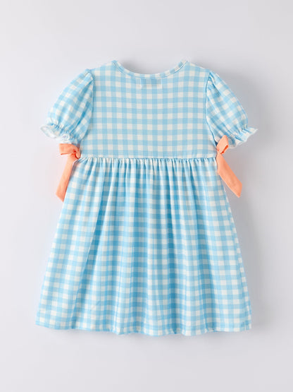 Fall Halloween & Thanksgiving Pumpkin Embroidery Smocking Blue Plaid Dress