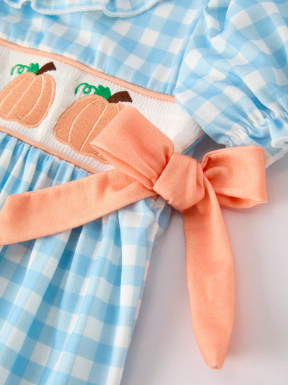 Fall Halloween & Thanksgiving Pumpkin Embroidery Smocking Blue Plaid Dress