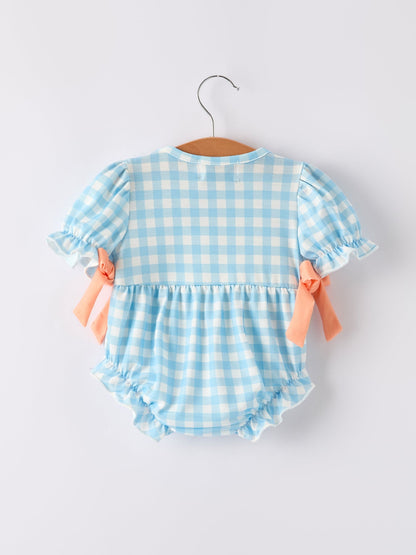 Fall Halloween & Thanksgiving Pumpkin Embroidery Smocking Blue Plaid Romper