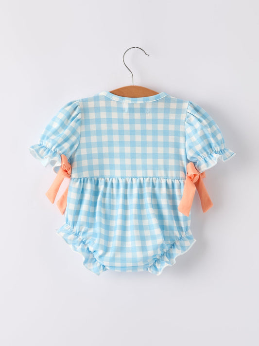 Fall Halloween & Thanksgiving Pumpkin Embroidery Smocking Blue Plaid Romper